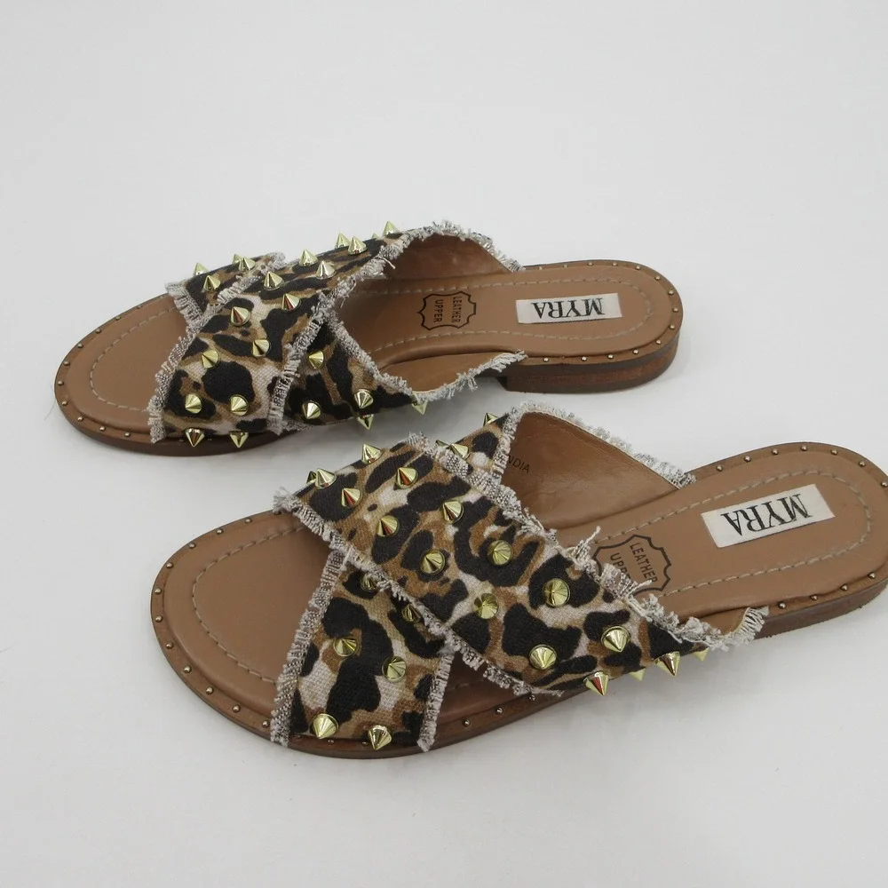 Myra Womens Leopard Print Studded Crisscross Slide Sandals Flat Brown Size 9